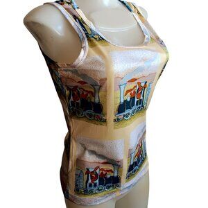 Vintage Disco Tank Top Bunny Train Women's Small Print Sleeveless Acetate 1970's